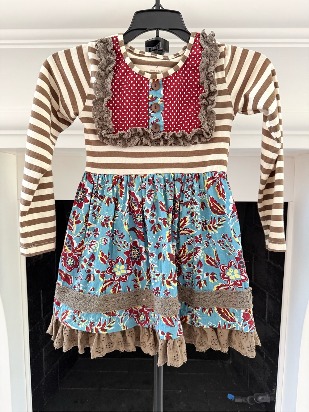 Mustard Pie Brown Stripe and Blue Floral Patchwork Dress-Girls 6